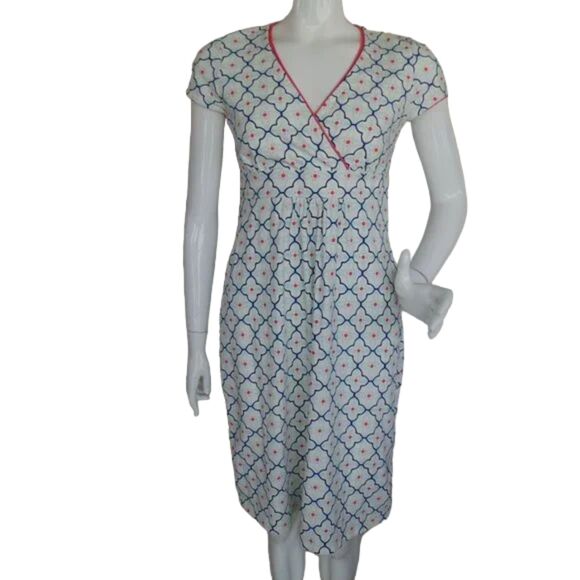 Boden Jersey Dress, 6R, White/Blue, Geometric/Tiled print, Short sleeves - Picture 1 of 12